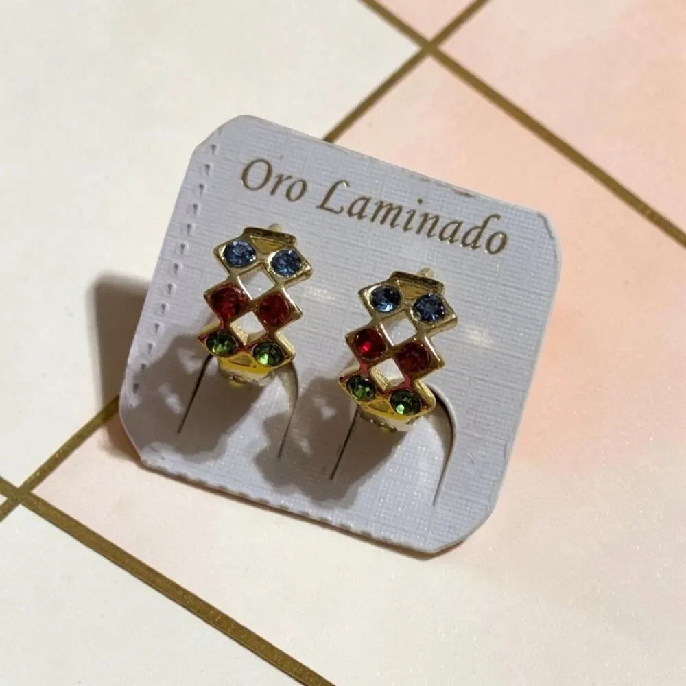 Oro Laminado Gold Plated Multicolor Rhinestone Huggie Hoop Earrings, Clip On